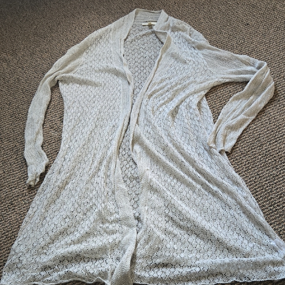 Eileen Fisher Taupe/Cream Open-Front Crochet Silk/linen Blend Cardigan 💫